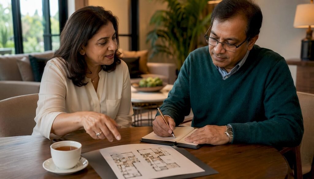 Couple reviewing condo and townhouse plans at kitchen table