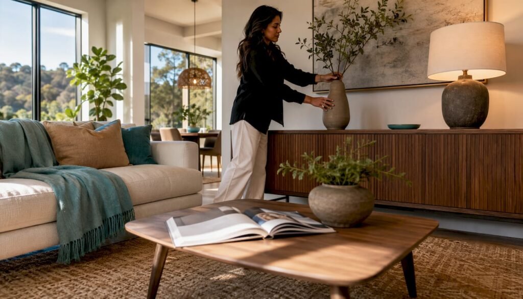 Home staging professional styling Bay Area condo living room
