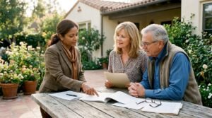 Real estate agent discussing probate sale with buyers in home