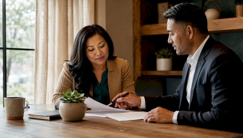 Buyer reviewing non-contingent offer document with agent