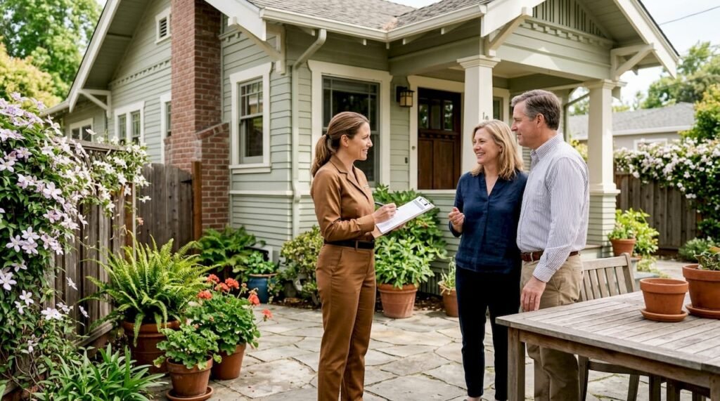 Home inspector discussing inspection with homeowners outside house