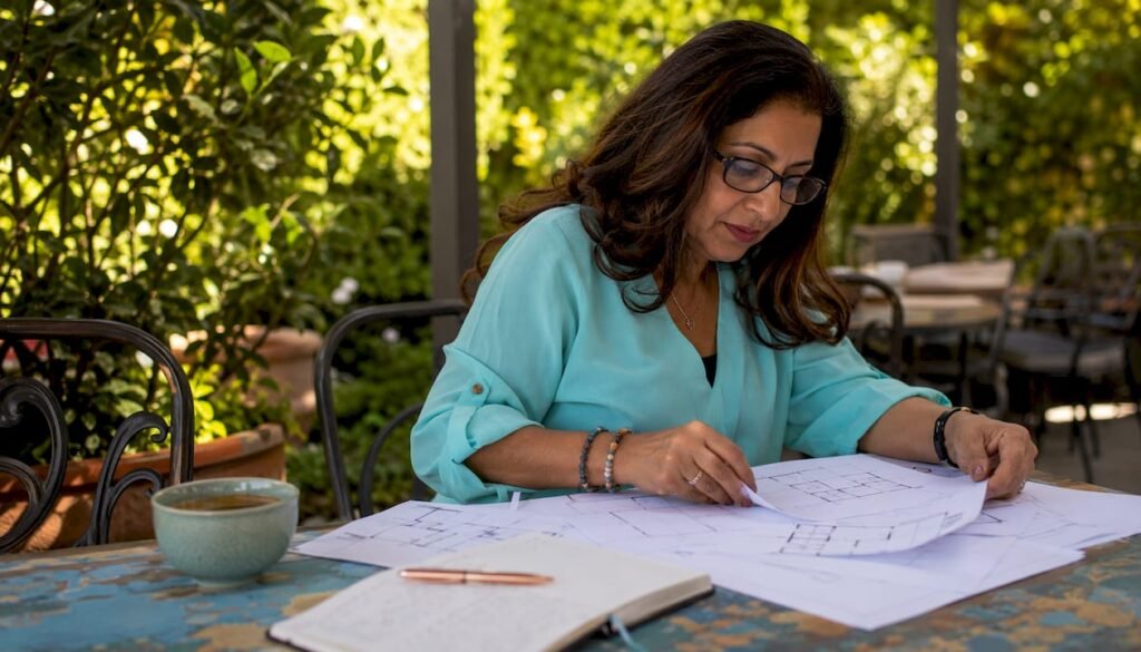 Buyer studying real estate floor plans at table