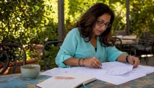 Buyer studying real estate floor plans at table
