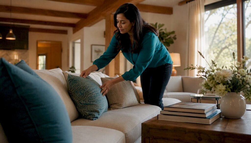 Home stager arranging living room pillows
