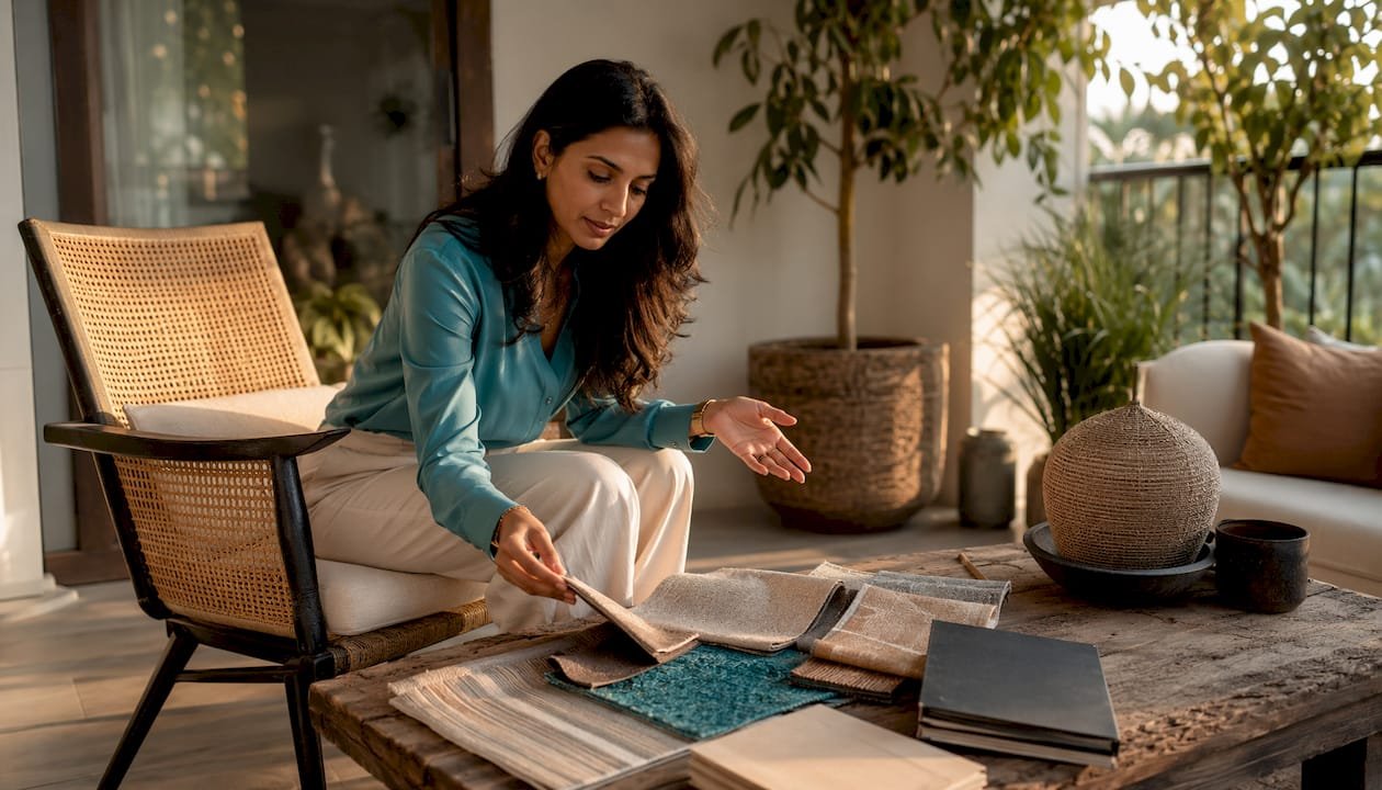 Interior decorator selecting rugs in living room