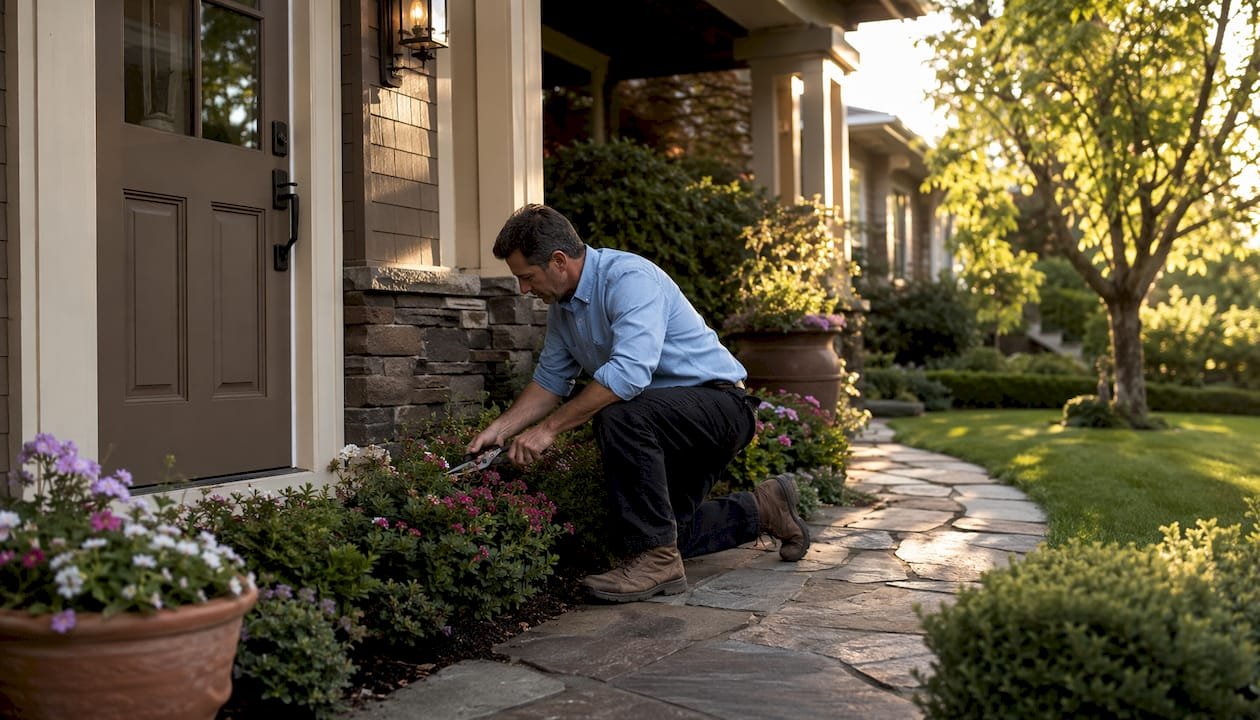 Gardener trimming bushes at home entry
