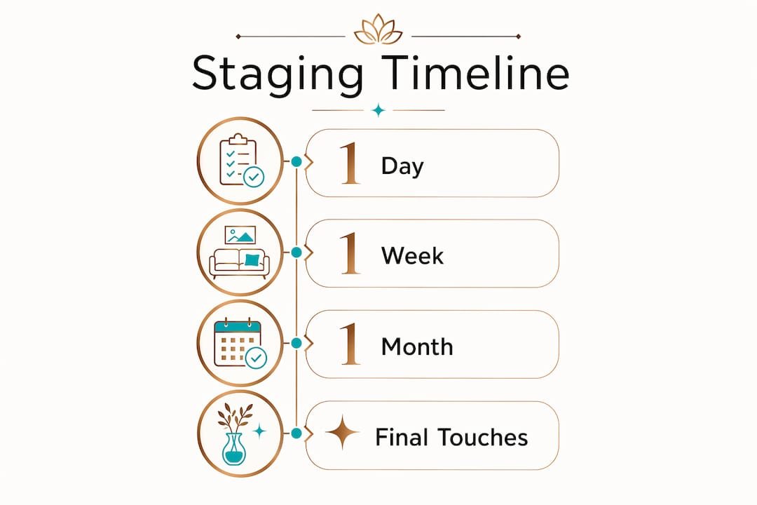 Infographic showing home staging timeline checklist steps