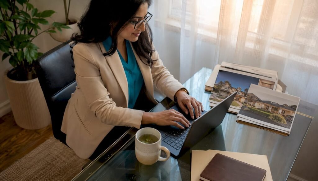 Real estate agent typing listing description at home office