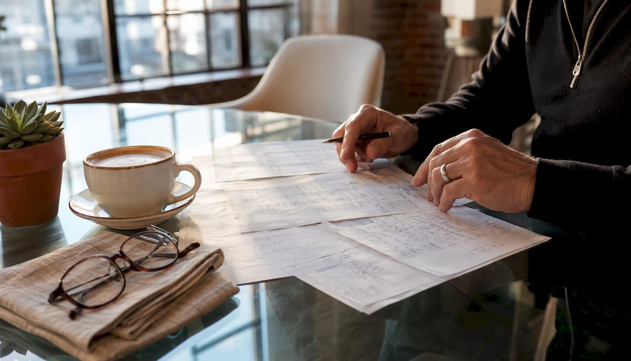 Hands reviewing home upgrade notes on desk