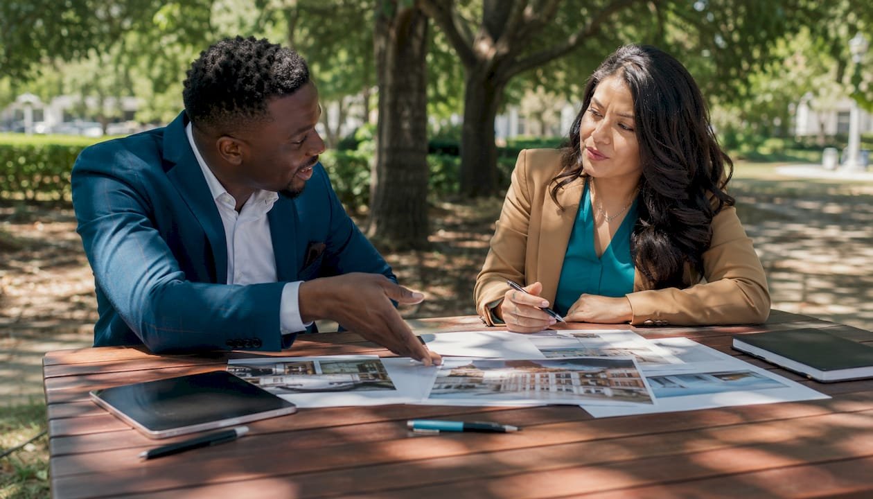 Agents discussing condo listing features at café