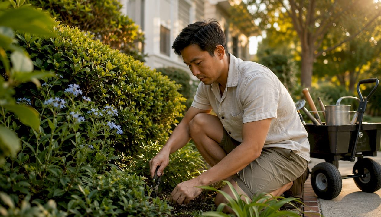 Man weeding garden bed in front yard