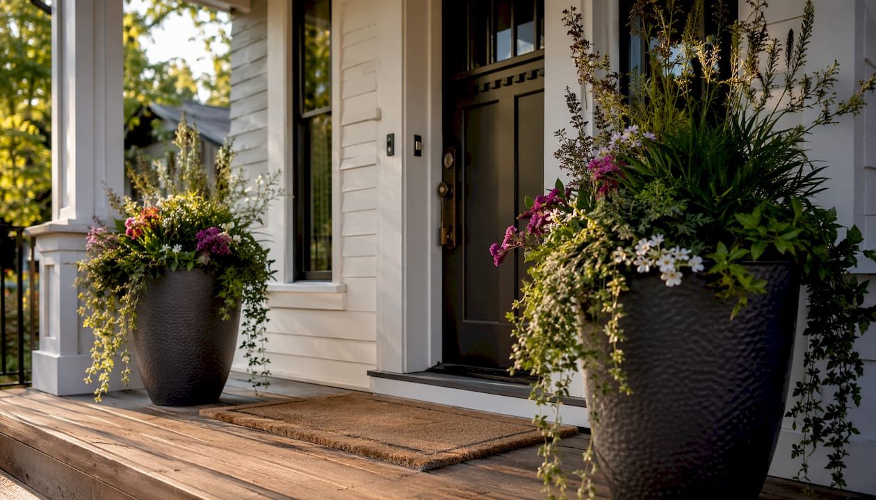 Symmetrical planters framing front porch entrance