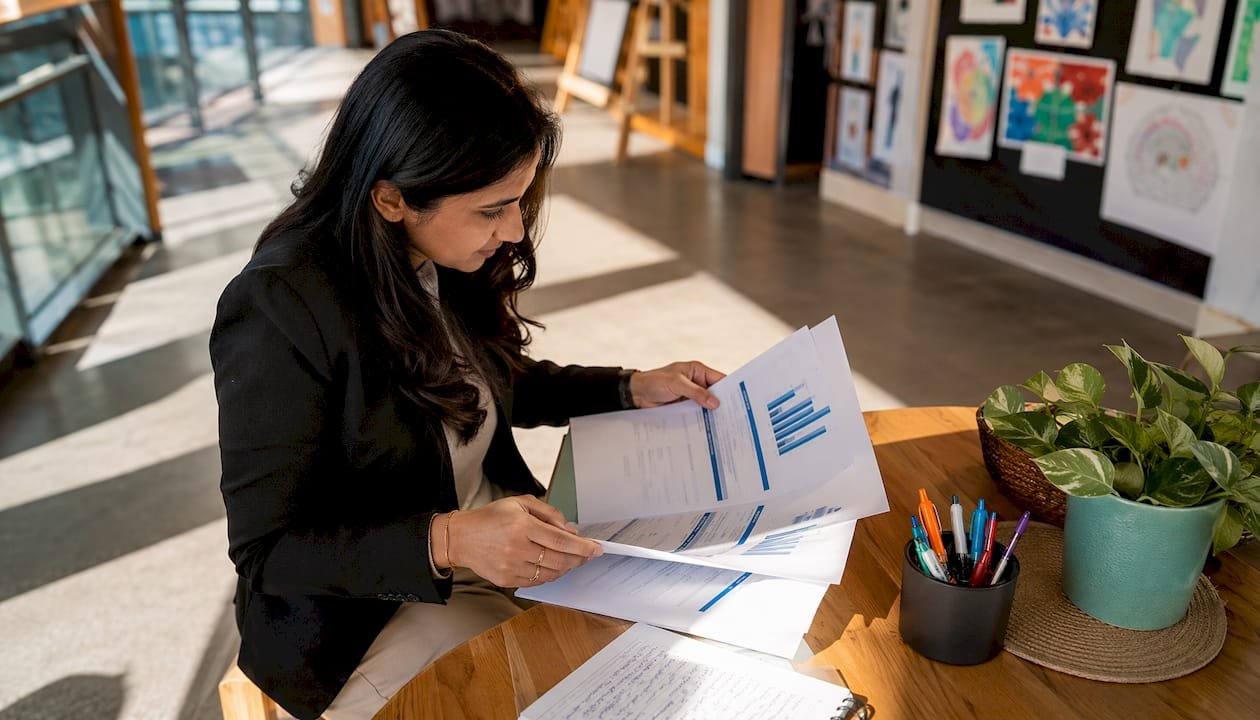Counselor reviewing high school metrics documents