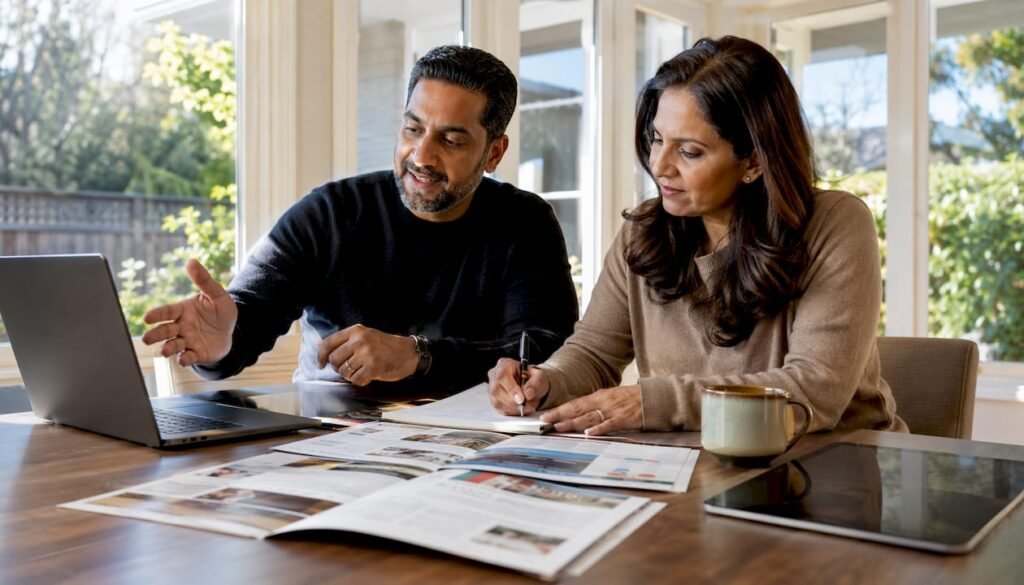 Couple researching high schools at home table