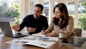 Couple researching high schools at home table