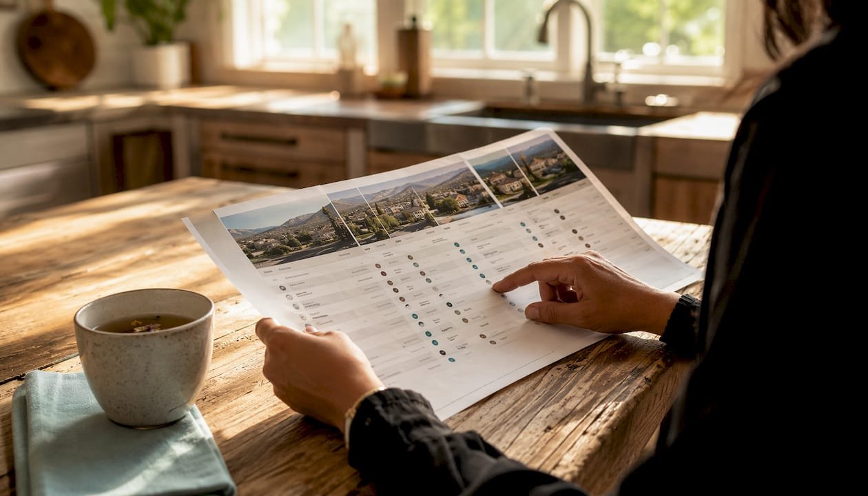 Hands examining neighborhood comparison chart