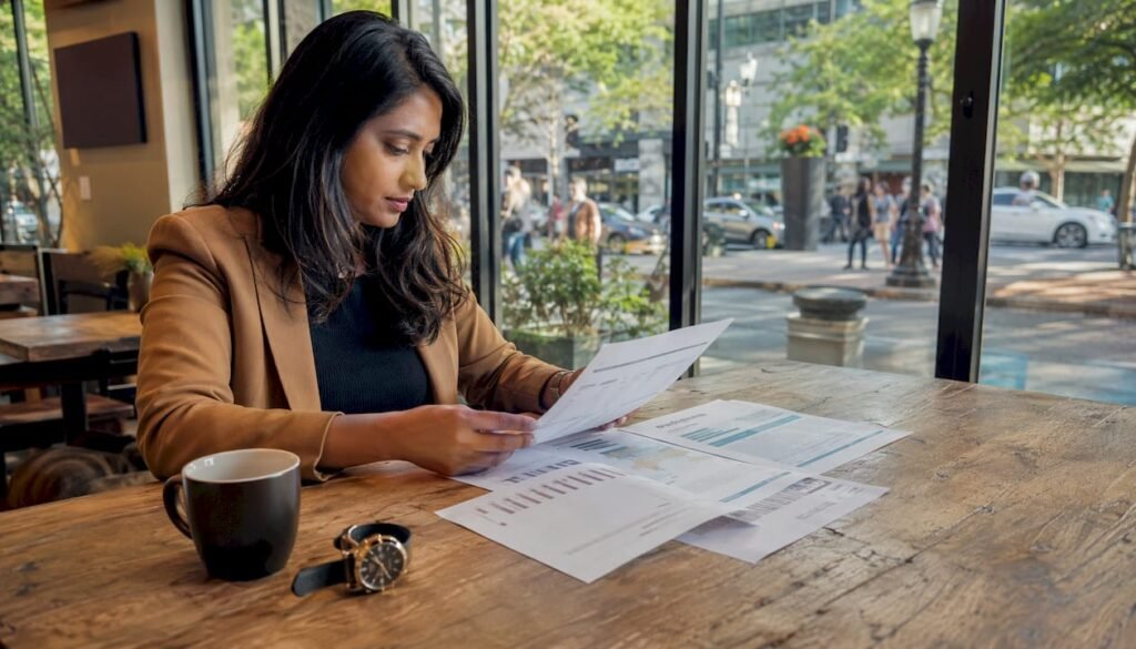 Agent reviewing luxury market data in condo office