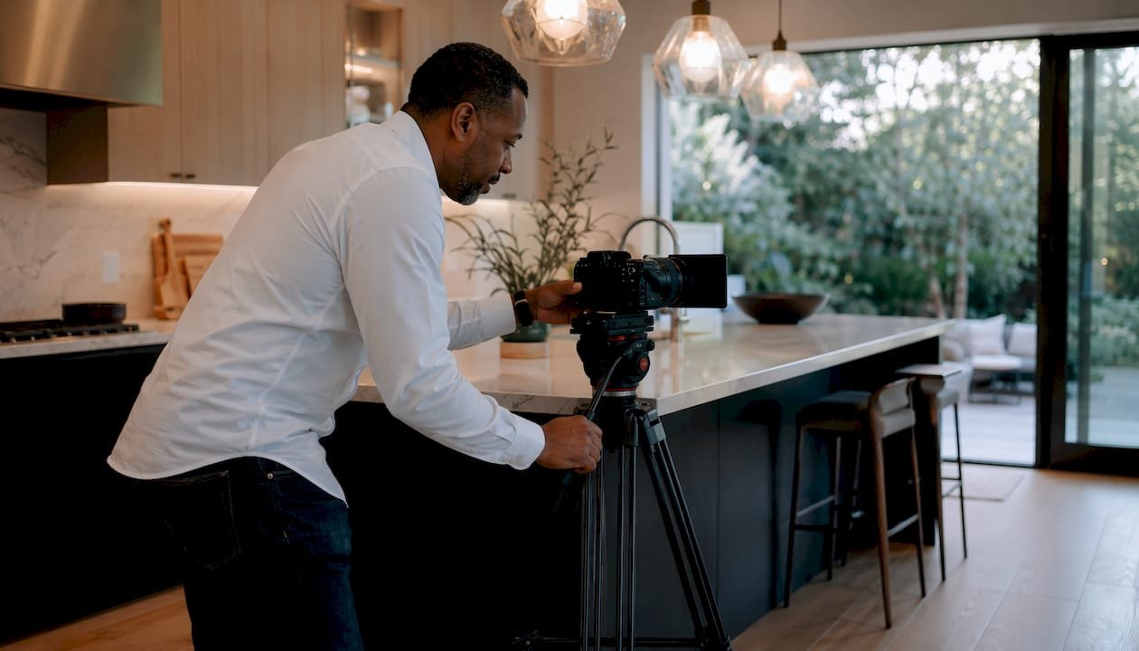 Videographer setting up camera in luxury home