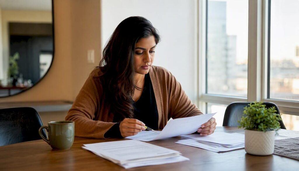 Home buyer reviewing appraisal gap documents at kitchen table