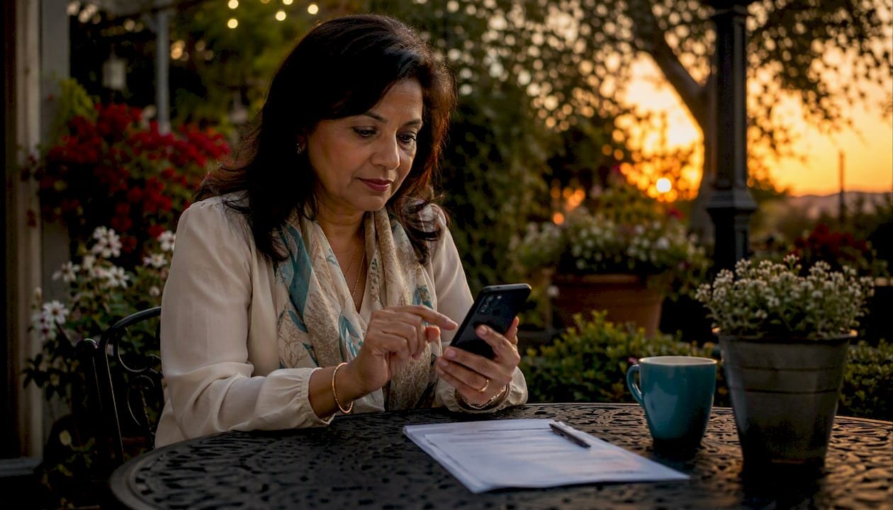 Buyer calculating appraisal gap outdoors on smartphone