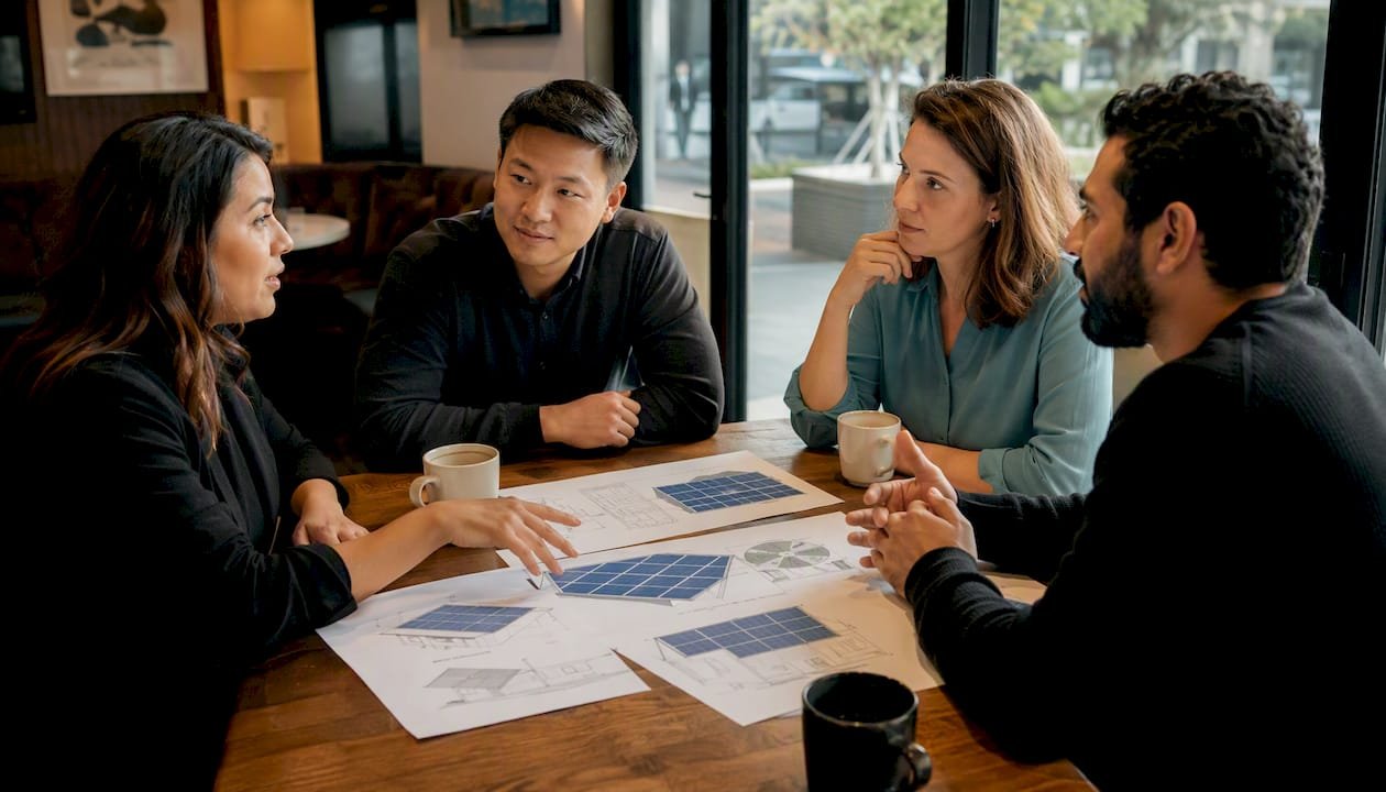 Group discussing solar panel ownership at meeting table
