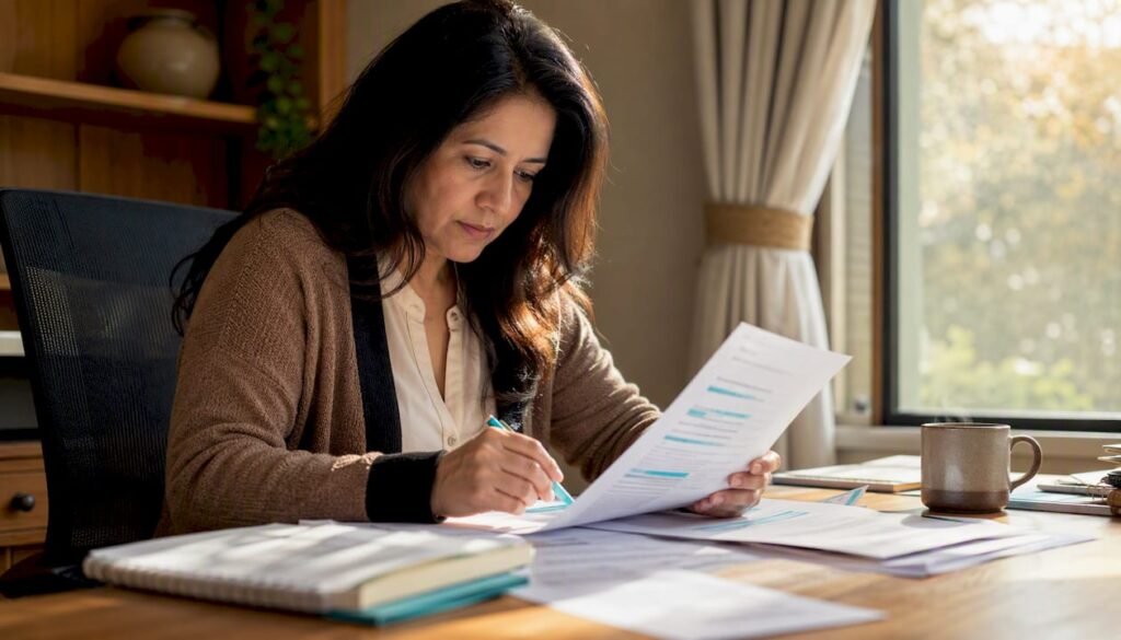 Woman reviewing California title report paperwork