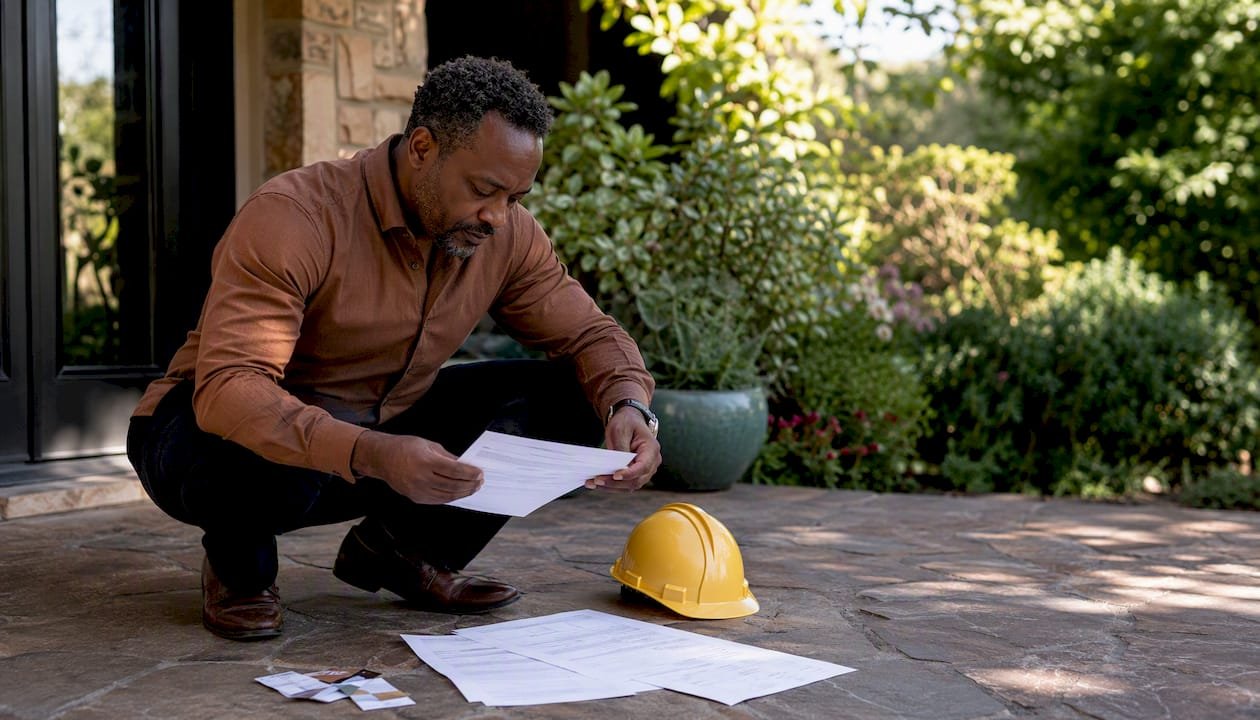 Hands inspecting home repair documents with magnifier
