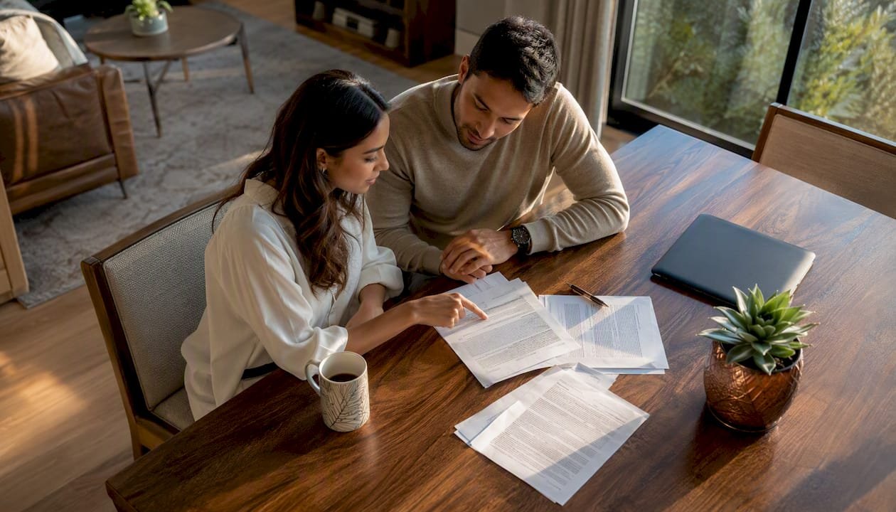 Young couple reviewing disclosure papers in home