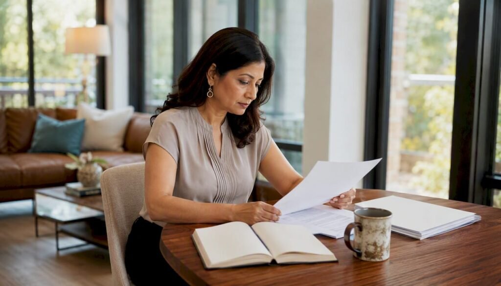Real estate agent reviewing NHD documents at desk