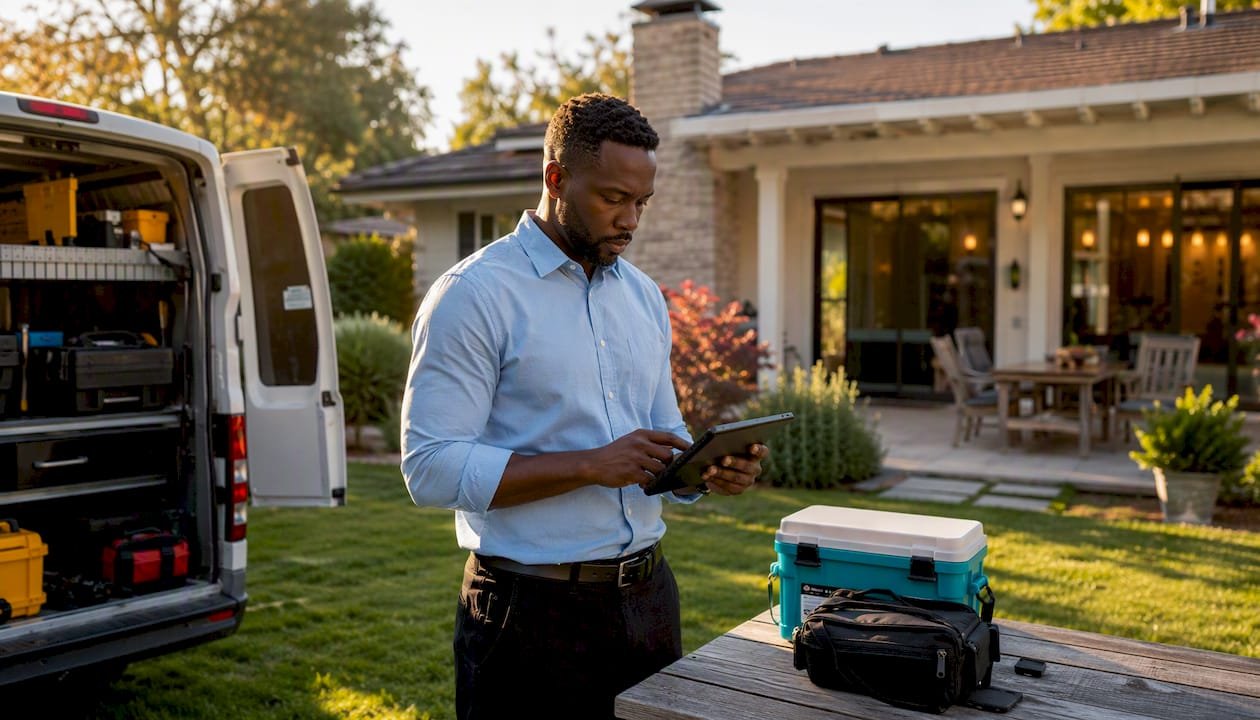 Home inspector reviewing tablet outdoors near house