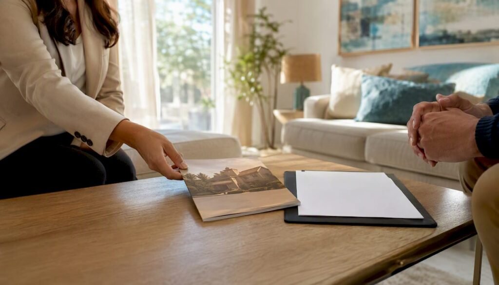 Seller placing home warranty brochure on desk