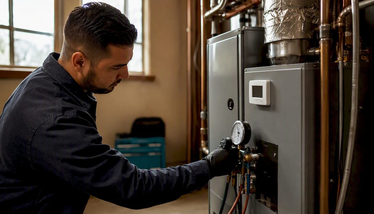 HVAC unit with technician adjusting valve