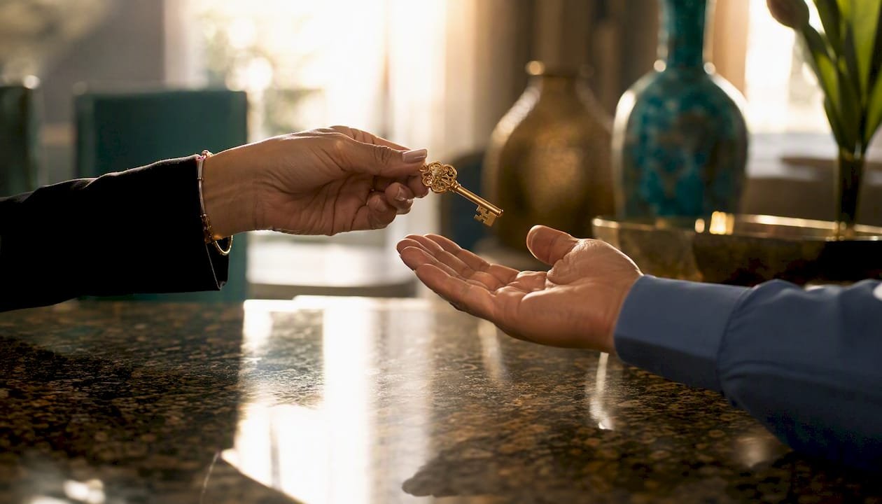Hands exchanging house key close-up