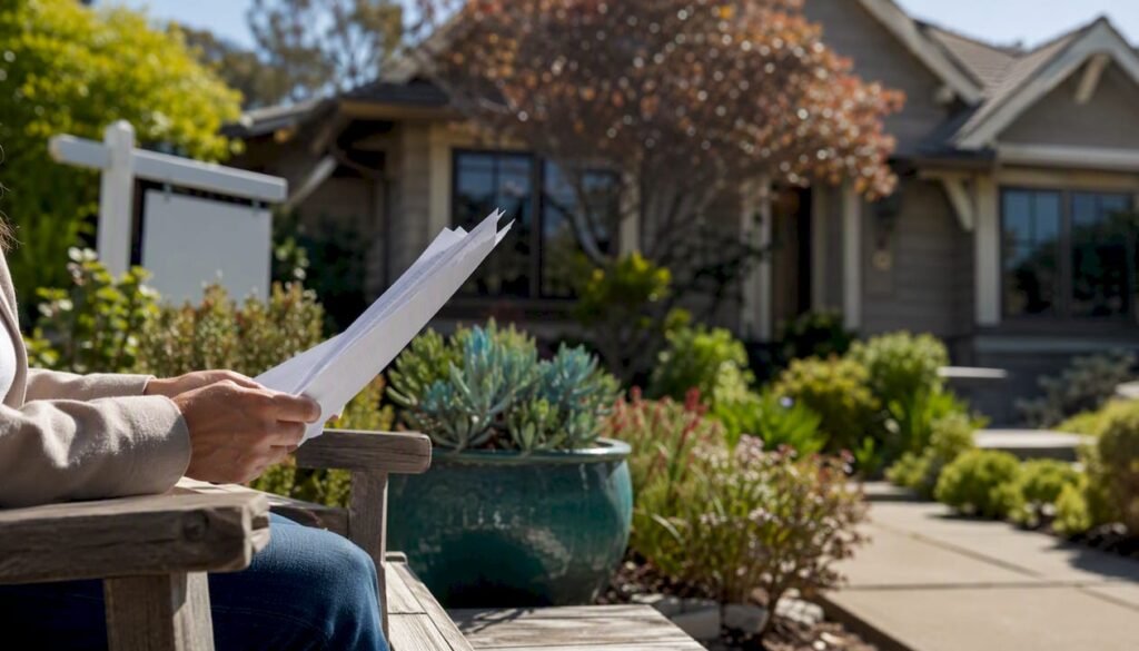 Hands reviewing listing agreement outside home