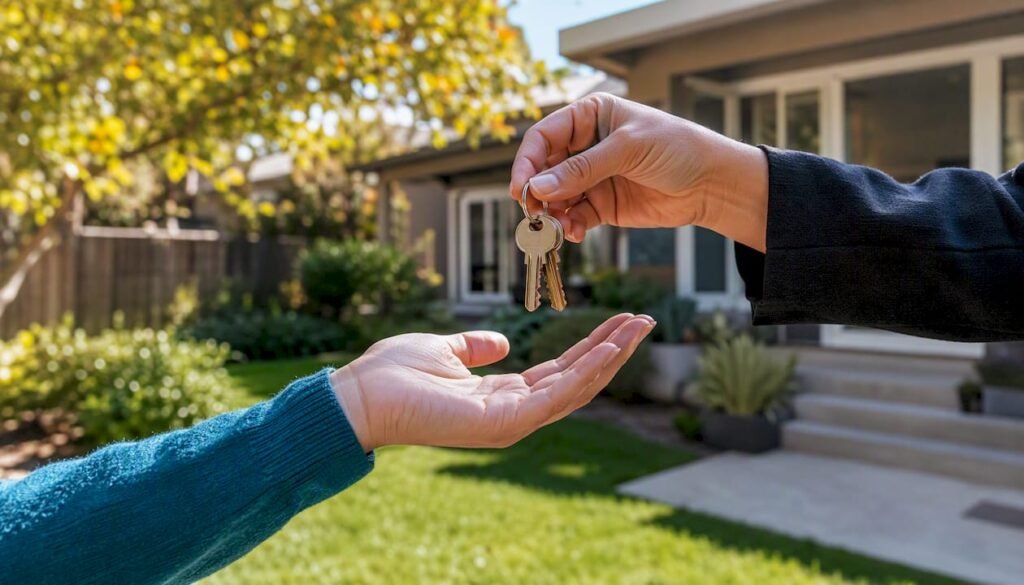 Handing over house keys outside California home