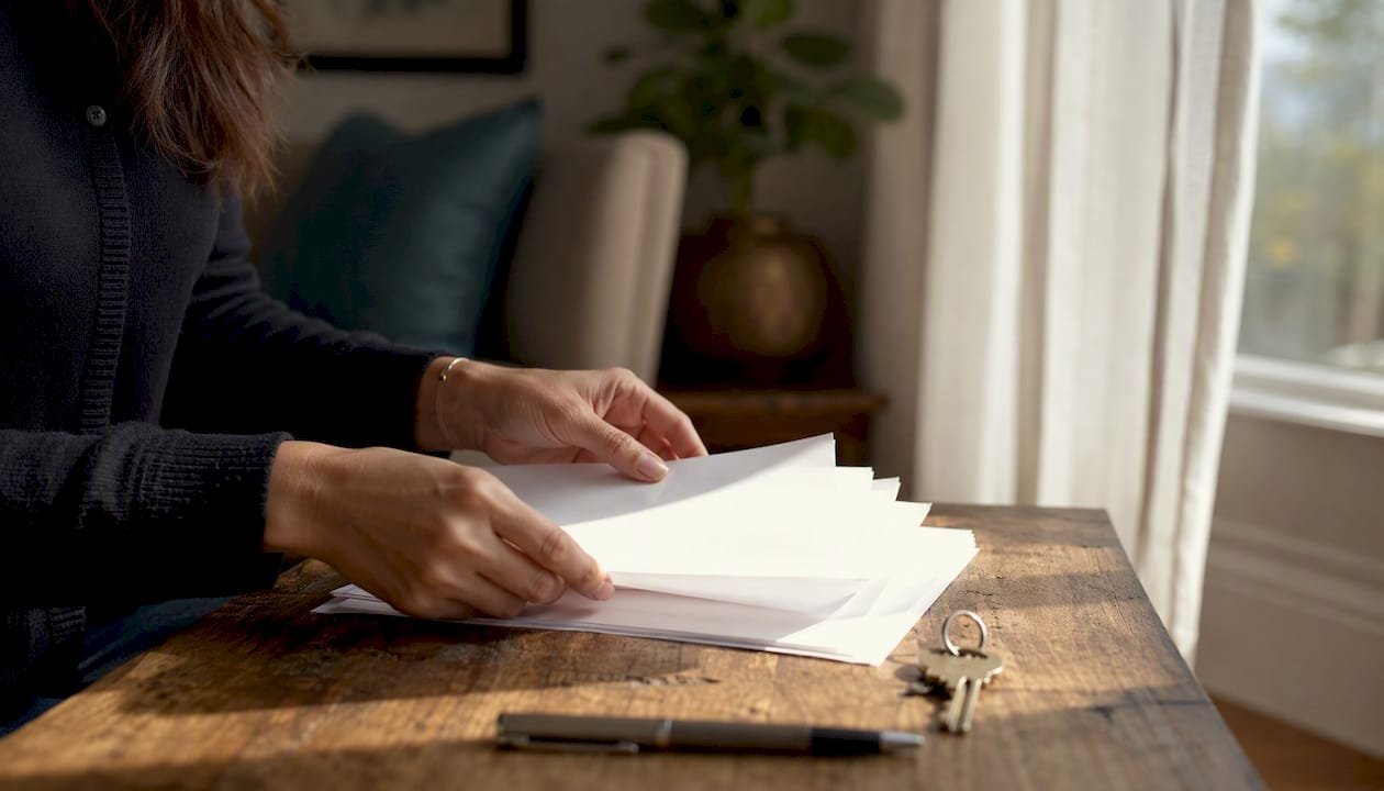 Hands placing escrow settlement documents at closing