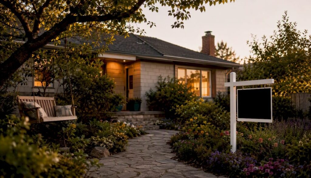 Suburban house with for sale sign
