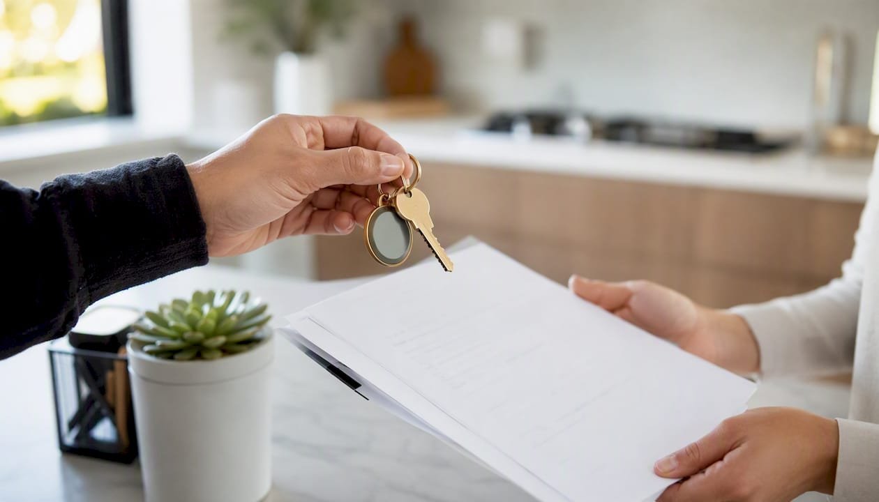 Hands exchanging keys and lease contract