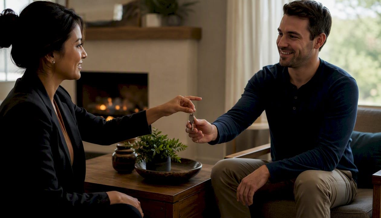 Hands exchanging house keys inside home