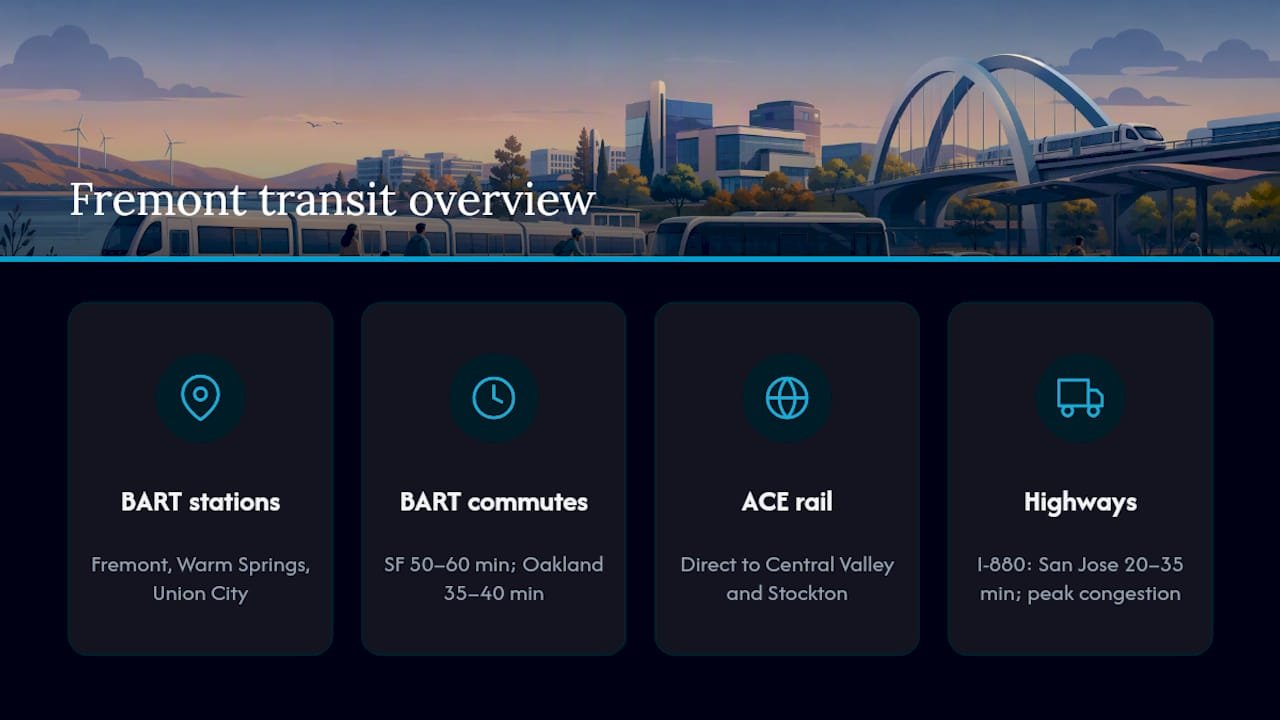 Diagram of Fremont BART stations, highways and commute times