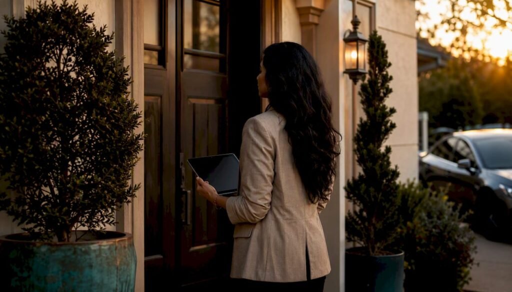 California home with seller holding tablet near door
