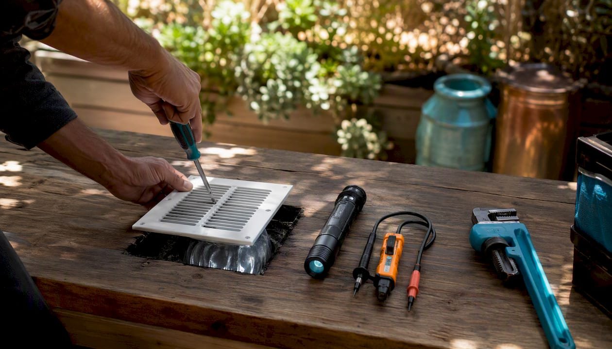 Hands inspecting home ventilation system components