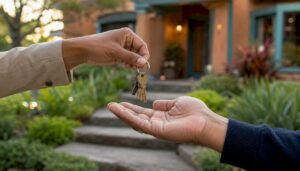 Hands exchanging house keys at home entrance