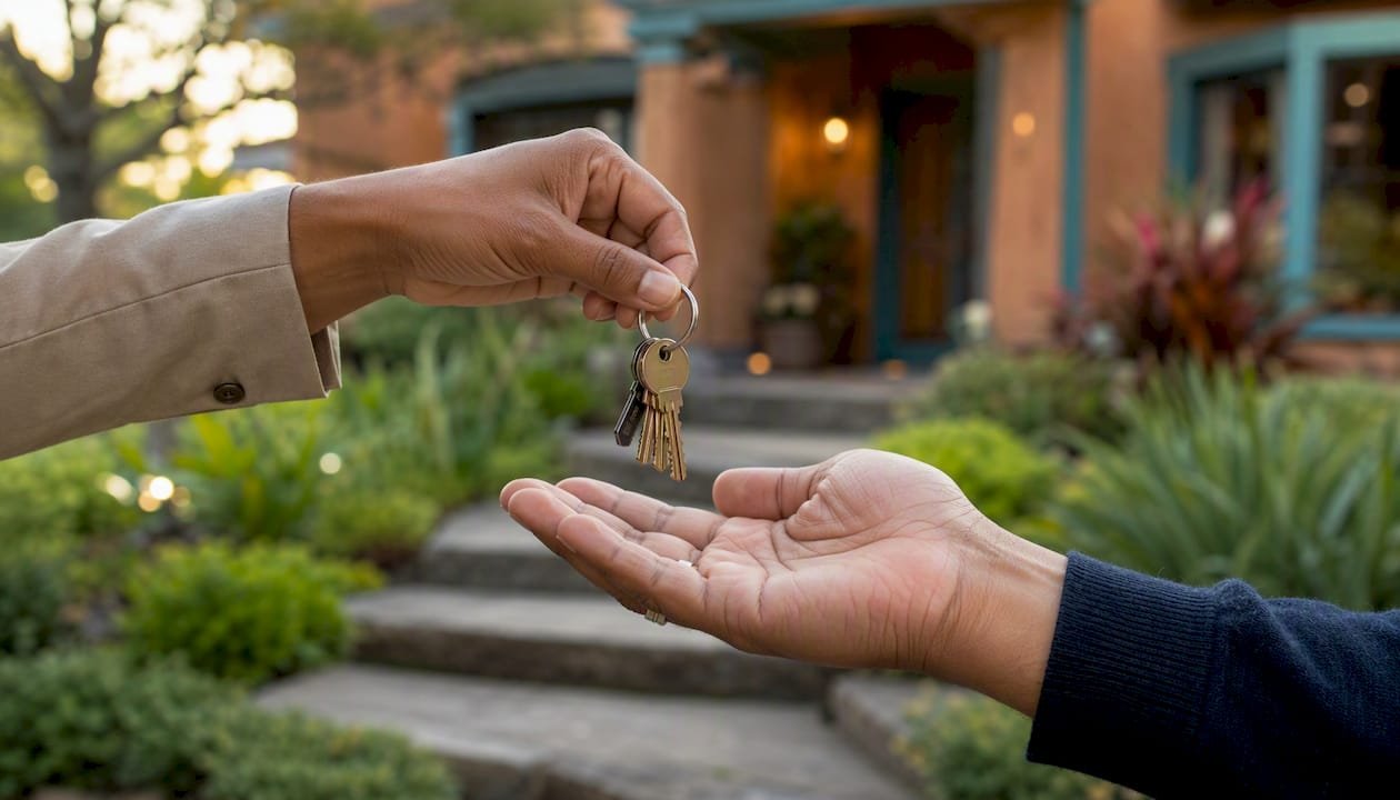 Hands exchanging house keys at home entrance