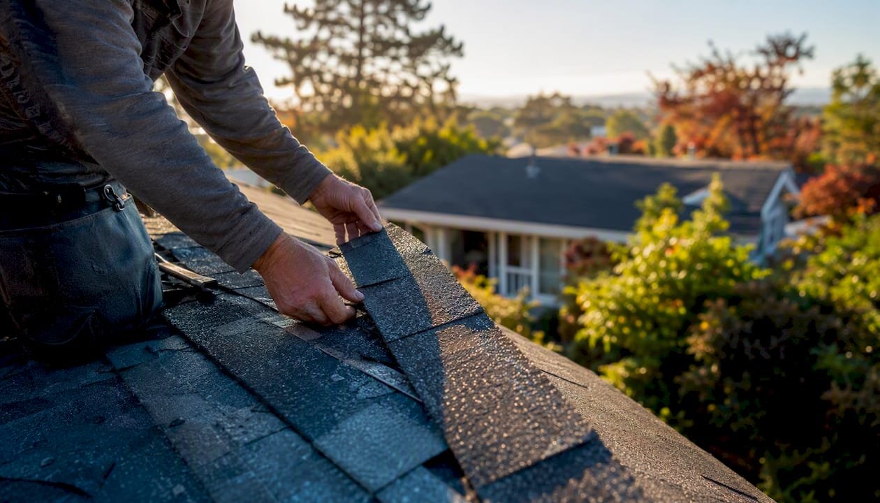 Contractor's hands applying shingle on roof repair