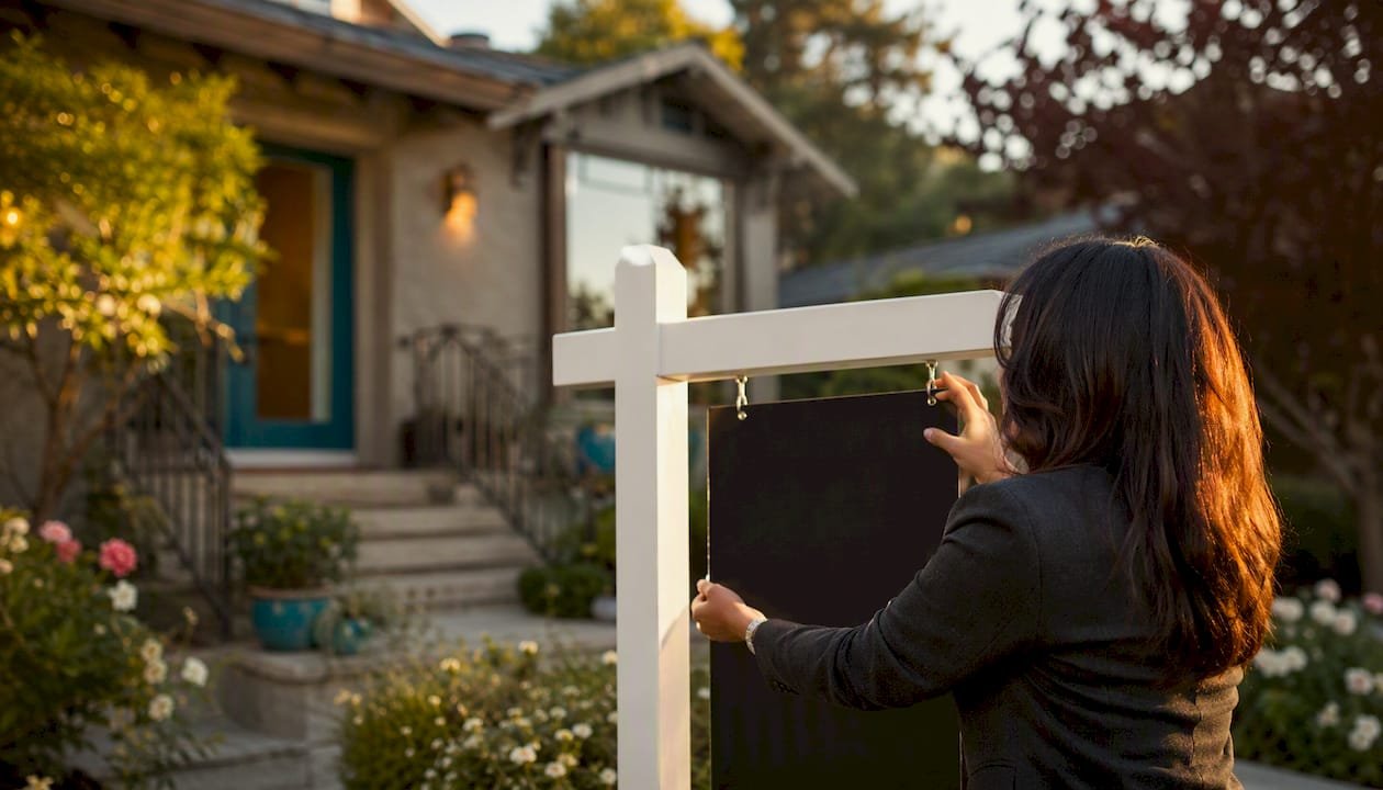 Real estate agent adjusting for sale sign outside home