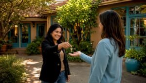 Close-up of house key handoff outside a suburban home