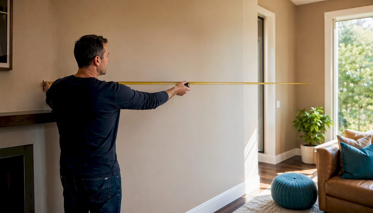 Hands measuring home interior wall with tape measure