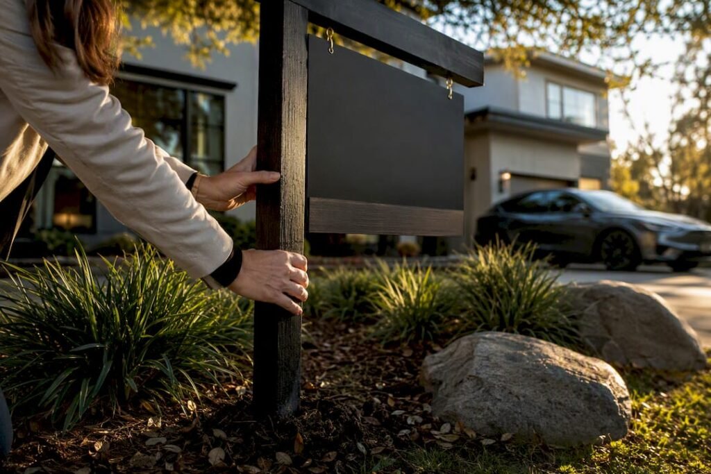 Hands adjusting for sale sign in front yard