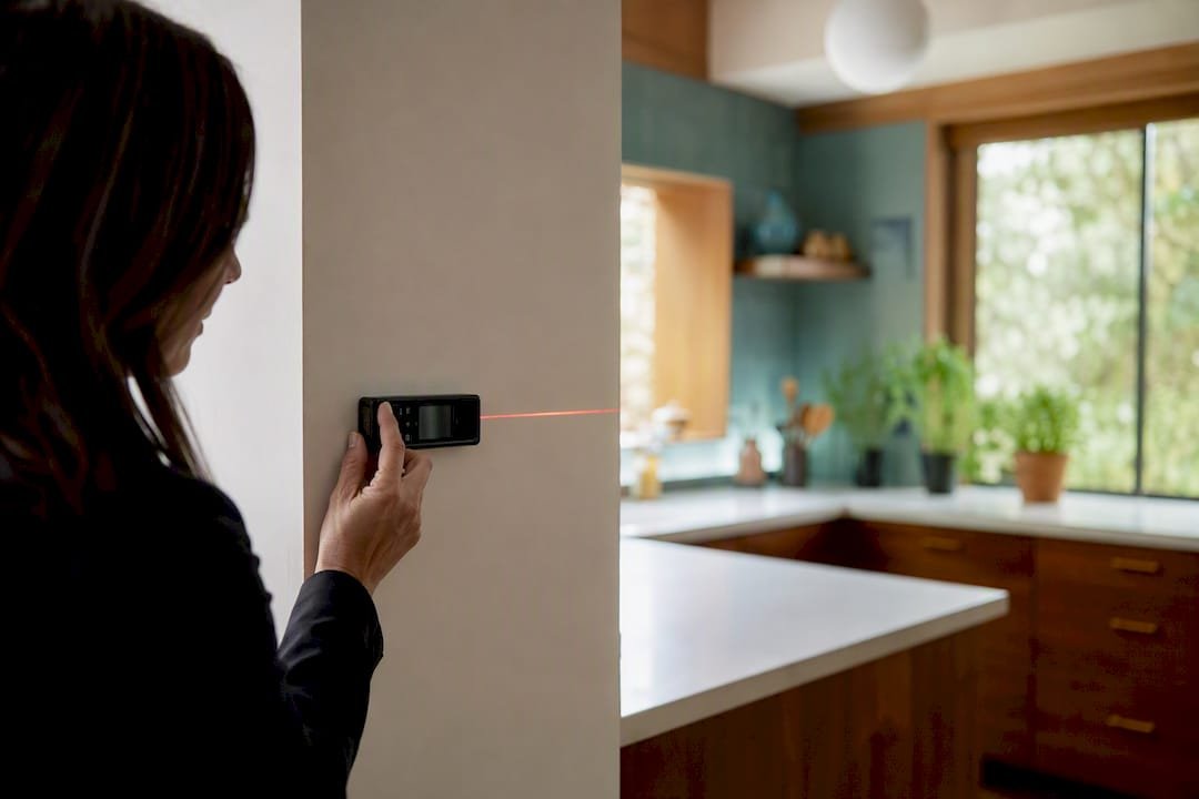 Hands measuring interior wall with laser measuring tool